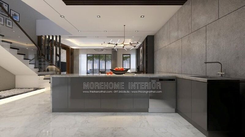 Với ý tưởng trong mẫu bố trí nội thất biệt thự Parkcity trong đây, bạn có thể trang trí ngay không gian đảo tách biệt phòng bếp để có thể phục vụ nhanh nhu cầu của mình mà vẫn đảm bảo nhu cầu tức thời từ bộ tủ đựng đồ được bố trí máy rửa bát, bồn rửa tiện lợi. Thiết kế nội thất biệt thự