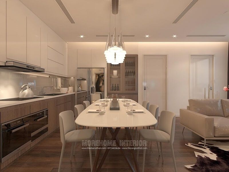 Mẫu bàn ăn gỗ công nghiệp màu trắng trẻ trung kết hợp với 6 ghế ăn bọc da sang chẳng mang đến không gian phòng ăn ấn tượng cho gia chủ