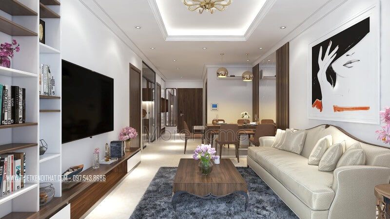 Phòng khách của căn hộ nổi bật với mẫu sofa da gỗ kết hợp bàn trà gỗ tự nhiên cao cấp