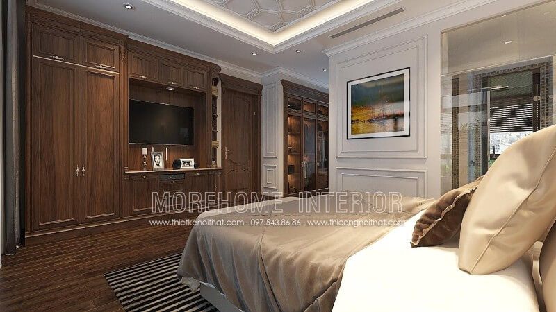 .
Mẫu thiết kế tủ quần áo cổ điển được làm bằng gỗ óc chó và kết hợp với hệ tủ gỗ óc chó, cùng với kệ tivi để trang trí sang trọng.